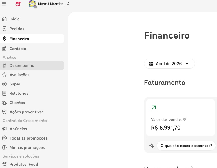 Print do faturamento da Mermã Marmita antes de aplicar o método